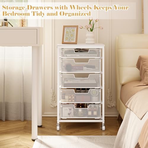 Sbanmao Utility Cart with 5 Drawers, Rolling Storage Cart with Wooden Tabletop and Lockable Wheels, Storage Drawer Cart with Drawers, Craft Cart for Bedroom, Classroom, Home, Office, White - Image 7