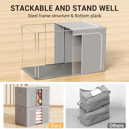 Clothes Storage Bins with Metal Frame Foldable Storage Box Clothes Organizers Storage Containers for Clothes Sheets Blankets Books Toys Gifts and Holiday Decorations (100Lx3 Pack) - Image 2