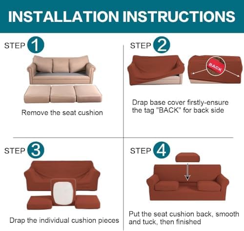 Turquoize 4 Piece Sofa Covers for 3 Cushion Couch Sofa Slipcover Soft Couch Cover for Dogs Washable Furniture Cover with 3 Individual Large Cushion Covers Feature Fabric (Large Sofa, Rust) - Image 6