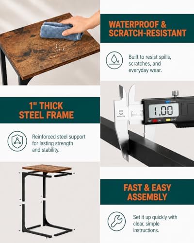 C-Shaped Side Table for Couch - Small Coffee Stand Sofa Tray Desk with Metal Frame and Waterproof Scratch Resistant, Modern End Accent for Living Room, Bedroom, Small Spaces, Rustic Brown - Image 3