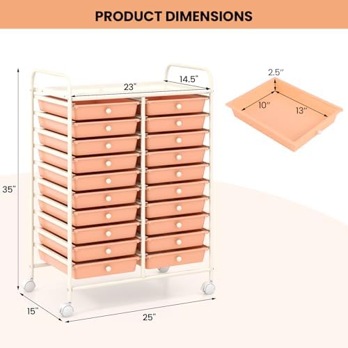 Giantex 20 Drawers Rolling Cart, Mobile Storage Drawer Cart, Classroom Organizer for Office School Supplies Tools Scrapbook Paper Craft Small Printer, Utility Stand on Wheels, Peach - Image 3