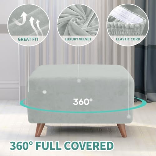 MAXIJIN Velvet Ottoman Cover Rectangular Stretch Square Ottoman Covers Slipcover Rectangle Washable Foot Stool Cover Thick Storage Protector with Elastic Bottom (Ottoman Small, Silver Grey) - Image 4