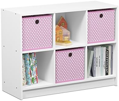 Furinno BASIC Book Shelf, 6-Cube Bookshelf with Open Shelf, 3 x 2 Bookcase with Storage Bins, Closed Back, Horizontal, 11.9 x 31.6 x 23.6, for Living Room, Bedroom, Home Office, White/Pink by Furinno-FitsYourSpaceFitsYourBudget