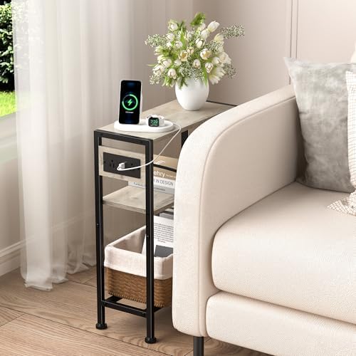Small Narrow Side Table with Charging Station, Skinny End Table for Small Spaces, Slim Nightstand with Outlets, Sofa Bedside Table in Living Room, Bedroom, Kitchen and Balcony (Greige) - Image 2