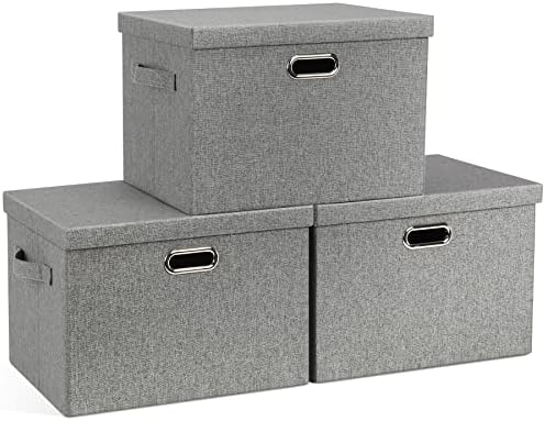 Graciadeco Large 17" 36 Quart Collapsible Stackable Storage Bins with Lids, 3 Packs Grey Linen Fabric Closet Boxes with Lids, Storage Cube Baskets Container Organizers for Bedroom Office(17 x12 x11) by GraciadecoStorage