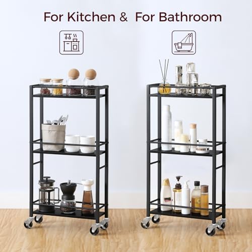 MAHANCRIS Slim Rolling Cart, Mobile Kitchen Cart on Wheels, Narrow Storage Cart for Small Space, Small Bar Cart, for Bathroom, Laundry, Living Room, Black RCHB1501 - Image 5