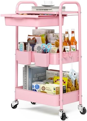 KINGRACK 3 Tier Metal Rolling Cart with Drawer, Pink Utility Storage Cart | 2 Cups & 4 Hooks, Lockable Wheels, Trolley Organizer for Bathroom, Kitchen, Office, Nursery, Dorm, Laundry, Craft Room by KINGRACK