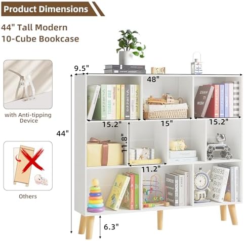 LEYAOYAO 10 Cube Bookshelf, Mid-Century Modern Book Shelf with Legs, White - Image 2