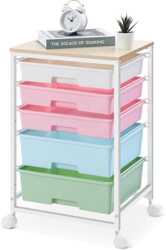 SYKIARIOL Utility Cart with 5 Drawers with Wooden Top, Rainbow by SYKIARIOL