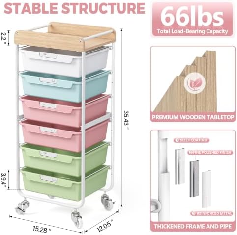 SYKIARIOL 6 Drawer Rolling Cart for Craft Storage,Utility Cart,Colourful - Image 3