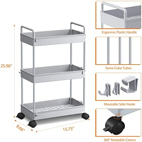 Ronlap 3 Tier Slim Rolling Storage Cart with Wheels Utility Organizer, Grey - Image 2