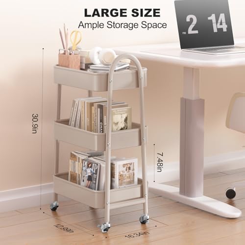 EAGMAK 3 Tier Rolling Cart, Large Metal Storage Cart with Handle and Lockable Wheels, Big Multifunctional Storage Organizer Trolley with Mesh Baskets for Kitchen, Living Room, Office, Garage (Beige) - Image 2