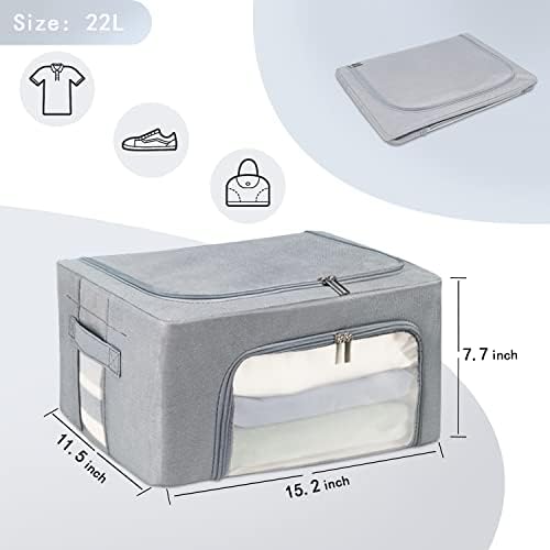 Clothes Storage Box Bins Stackable Foldable Organizer,Sturdy Handles with Metal Frame for Clothing Bedding Shelves,Closet Container with Clear Window Zipper and Label Holder (Gray, 22L x3 Pack) - Image 2