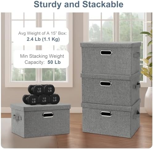 Graciadeco Medium 15" 21 Quart Collapsible Stackable Storage Bins with Lids, 1 Pack Gray Foldable Fabric Closet Storage Boxes with Lids, 4 Handles Heavy-duty Linen Cube Baskets for Bedroom - Image 5