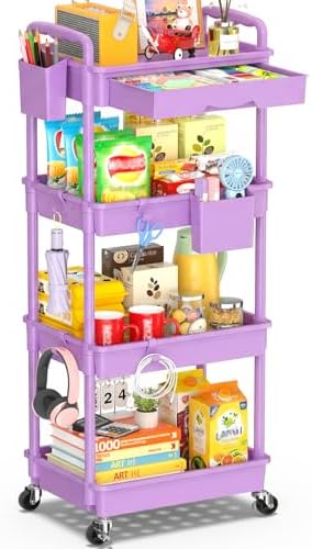 SUNALLY 4 Tier Rolling Cart with Drawer,Craft Storage Cart Organizer,Purple by SUNALLY