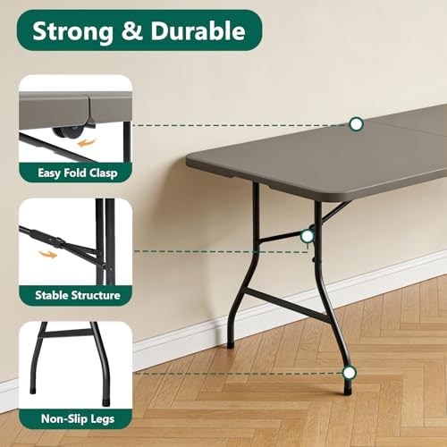 6FT Folding Table, Heavy Duty Plastic Fold-in-Half Utility Table with Handle, Portable Camping Picnic Table with Steel Legs for Indoor Outdoor Party, Dining, Khaki,2 Pack - Image 3