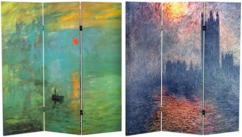 Red Lantern Double Sided Works of Monet Canvas Folding Screen - Impression Sunrise/Houses of Parliament, 4 ft Short - 3 Panel by RedLantern
