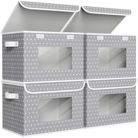 Univivi Fabric Foldable Storage Boxes with Lids, 4 Pack, Gray Star by Univivi