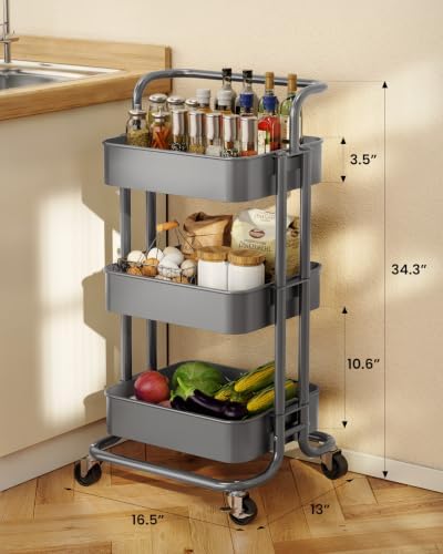 Pipishell Metal 3 Tier Rolling Cart with Handle & 2 Lockable Wheels, Gray - Image 5