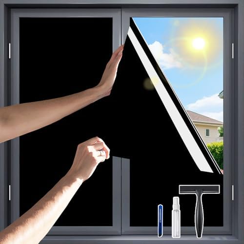 One Way Privacy Window Film，Flueen Shatterproof PET Window Tint for Heat Control & 100% UV Protection Blackout Window Treatment for Home, Office Doors with Eco-Adhesive Total Black 31.5"×196.9" by Flueen