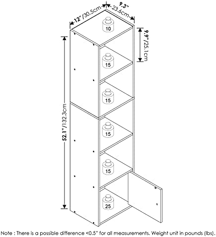 Furinno LUDER Book Shelf, 5-Tier Modern Bookshelf, Bookcase with 1 Door Storage Cabinet, 9.3 x 12 x 52, for Organization and Storage, for Living Room, Bedroom, Home Office, Blackwood - Image 3