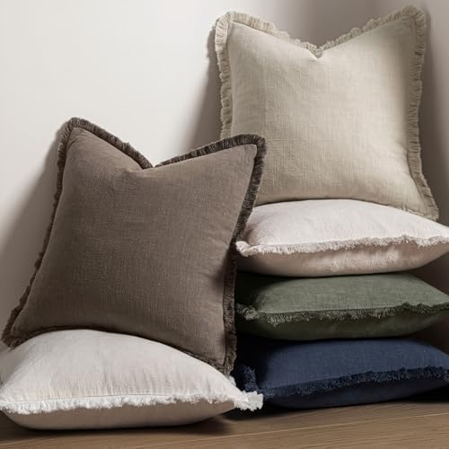 MIULEE Boho Linen Fringe Decorative Fall Throw Pillow Covers Coffee 20x20 - Image 5