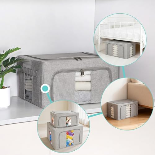 3 Pack Clothes Storage Bins, Foldable Metal Frame Storage Box with Lids,Stackable Linen Fabric Organizer Set with Carrying Handles,Zippers,and Clear Window (Grey, 24L) - Image 5