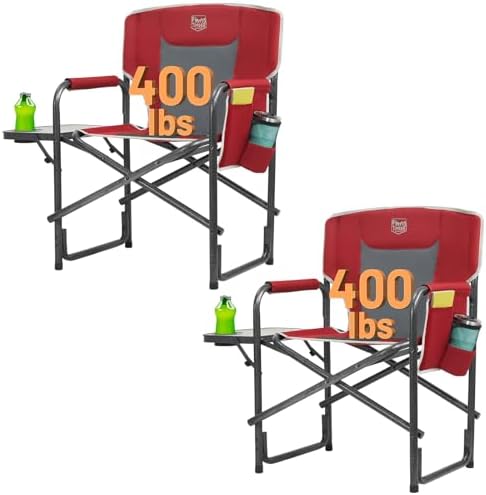 TIMBER RIDGE Aluminum Oversized Camping Chair, Lightweight Portable Directors Chair with Side Table Detachable Side Pocket for Outdoor Camping, Lawn, Picnic, Support 400lbs Red 2 Pack by TIMBERRIDGE