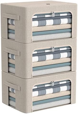 CYhom 3Pack Foldable Storage Bins - Frame Storage Box Linen Fabric Stackable Clothes Container Organizer with Clear Window & Carry Handles Large Capacity (Small-22L, Beige) by CYhom