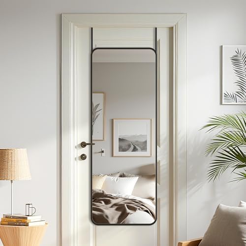Antok Over The Door Mirror Full Length, 49'' x 14''Wall Mounted Hanging Mirror, Aluminum Alloy Frame, Shatterproof Glass, No Drill Installation for Bedroom, Closet, Bathroom, Dorm, Round Corner,Black - Image 4