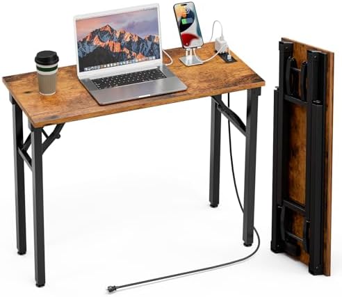 TEMI Small Computer Desk Folding Table - No Assembly, Compact 35.8" Foldable Desk with Power Outlets & USB Charging Port, Portable Small Office Desk, Ideal Mini Study Table for Narrow Spaces, Brown by TEMI
