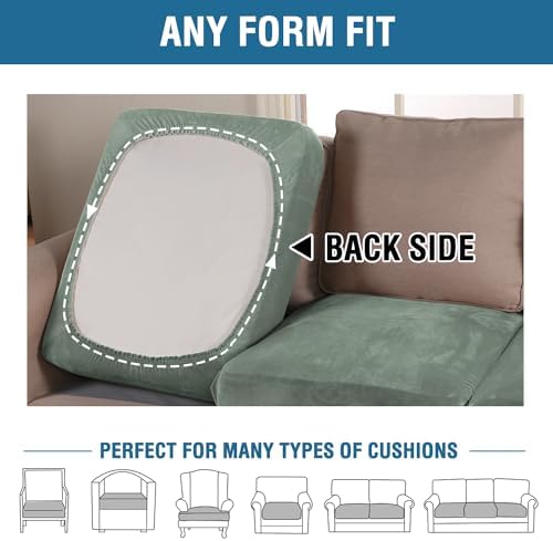 H.VERSAILTEX Velvet Stretch Couch Cushion Cover Plush Cushion Slipcover for Loveseat Cushion Furniture Protector Seat Cushion Sofa Cover (2 Piece Medium Sofa Cushion Covers, Sea Grass) - Image 5