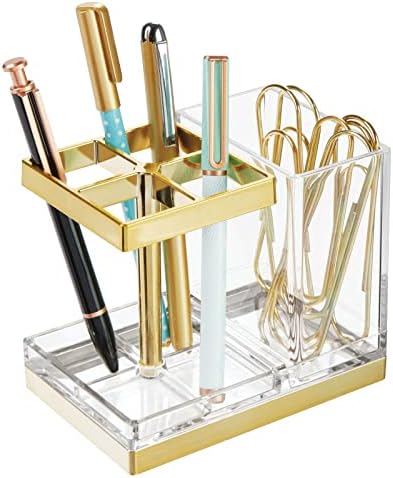mDesign Plastic Toothbrush and Toothpaste Storage Organizer Holder - Home Decor for Bathroom Countertop - Holds Toiletries and Beauty Accessories - Lumiere Collection - Clear/Soft Brass - Image 6