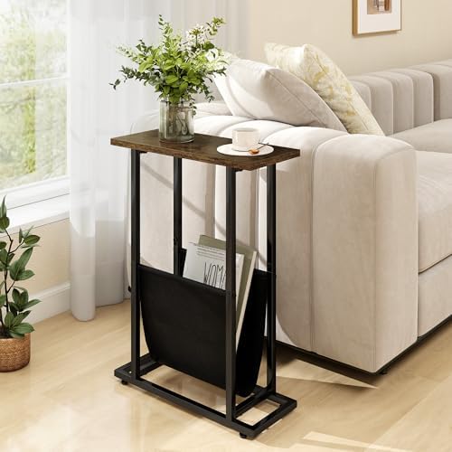 Acovy Narrow Side Table for Small Place,Metal Table with PU Leather Bag,Slim Nightstand for Reading Or Storage,Sofa Side Table for Living Room,Bedroom,Brown - Image 2