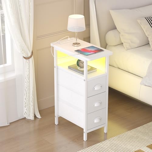shtmec Narrow End Table Set of 2 with Charging Station, LED Side Tables Set 2 with Fabric Drawers, Small Bedside Tables Nightstands for Small Space, Slim Sofa Couch Table for Livingroom, White - Image 7