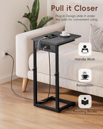 Vagusicc C Shaped End Table with Charging Station, 33" Tall Side Table for Couch, Adjustable Height C Table End Table, Couch Table Slide Under Sofa Table TV Tray Table for Living Room, Gray Walnut - Image 7