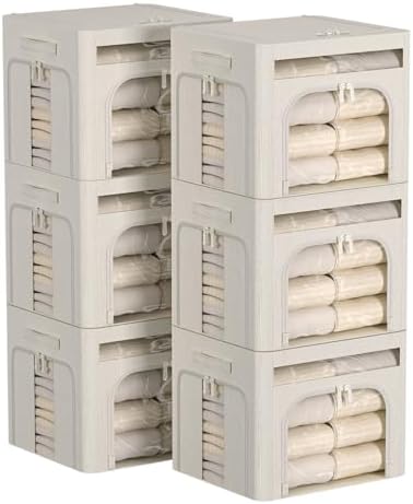 FHSQX 6 Pack Foldable Storage Bins for Clothes Clothes Storage Bins with Metal Frame Stackable Storage Box with Lid (Cream White, 16.5x12.2x12.2 inch (40L)) by FHSQX