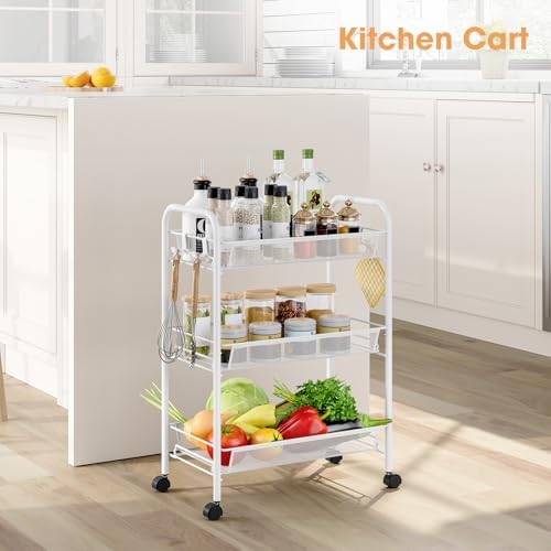 TOOLF 3 Tier Rolling Cart, Metal Utility Storage Cart with Wheels, White | 3 Hooks, Screwless Assembly, Trolley Organizer for Bathroom, Kitchen, Office, Nursery, Dorm, Laundry Room - Image 2
