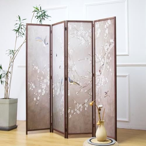 4 Panel Room Divider, 5.6 ft Tall Blackout Folding Privacy Screen - Double-Sided Freestanding Partition Wall with Different Patterns, Classic Plum and Bird Artwork for Home Office by PawlaBay