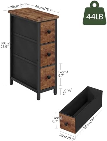 CHOEZON Narrow Side Table with 3 Fabric Drawers, Industrial Slim Bedside Table for Small Spaces, Bedroom, Living Room, Dormitory, Rustic Brown and Black TBZ09BF - Image 3