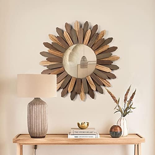 Honiway Boho Wall Decor 21 inch Wall Mirror Rustic Wood Decorative Mirror for Room Decor Rustic Home Decor Farmhouse Wall Decor at Living Room Bedroom Bathroom Hallway Trilcolor - Image 5
