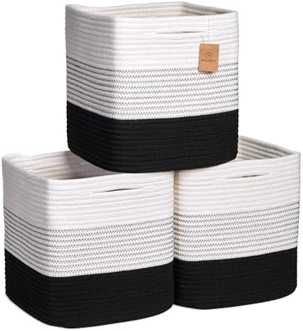 NaturalCozy Storage Cubes 11 Inch Cotton Rope Woven Baskets for Organizing, 3-Pack | Cube Storage Bin | Square Storage Baskets for Shelves Organizer, Classroom, Kids Toy Bins, Closet, Baby Nursery by NaturalCozy