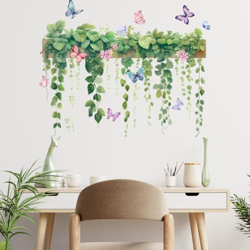 Hanging Green Vine Wall Decals,Succulent Plants Wisteria Floral Flowers Butterflies Birds Wall Stickers, Self-Adhesive Vinyl Removable Living Room Sofa TV Wall Decor - Image 5