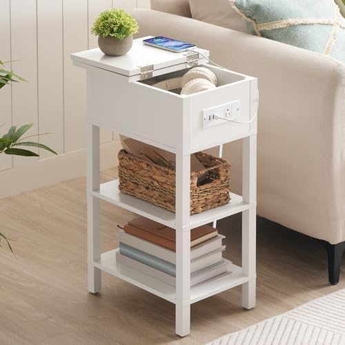 HOOBRO End Table with Charging Station, Flip Top Side Table with USB Ports, Narrow Nightstand Bedside Tables with Storage Shelves, for Small Space, Living Room, White WT141UBZ01 - Image 2