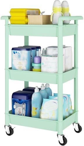 Steehoom 3-Tier Utility Rolling Cart with Cover Top Board, Mobile Utility Cart with Lockable Casters Multi-Functional Storage Trolley for Office, Bathroom, Kitchen, Garden, Laundry Room (Green) by Steehoom