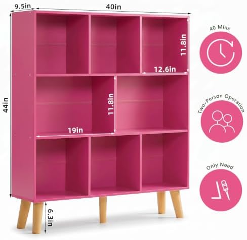 YAHARBO 8 Cube Bookshelf,3 Tier Bookcase with Legs,Pink Mid-Century Modern Bookshelves,Large Free Standing Open Storage Organizer Shelf,Tall Wooden Book Case Furniture for Bedroom,Living Room,Office - Image 2