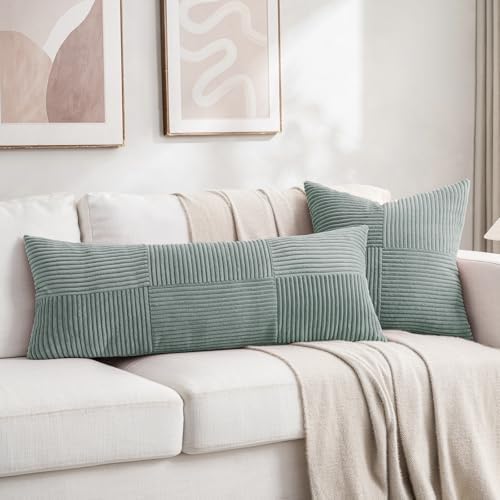 Fancy Homi 2 Packs Grey Blue Decorative Throw Pillow Covers 16x16 Inch for Couch Bed Sofa, Rustic Farmhouse Boho Home Decor, Soft Corss Patchwork Corduroy Textured Square Cushion Case 40x40 cm - Image 5