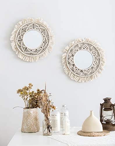 Mkono Hanging Wall Mirror with Macrame Fringe 2 Set Small Round Decoration Boho Antique Mirror for Apartment LivingRoom Bedroom Baby Nursery,Beautiful Gift Ideas - Image 2