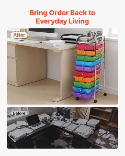 VEVOR Rolling Cart with Drawers, 10 Drawer Storage Organizer, Mobile Utility Cart with Steel Frame, Universal Casters & 2 Brakes, Great for Office, Classroom, Craft Tools, Garage, Studio, Rainbow - Image 6