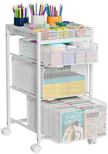Rolling Utility Cart with 3 Drawers, Craft Organizer and Storage with DIY Divider, Lockable Wheels, Multi-Functional Storage for Art Supplies, Store for Brushes & Paints & Artifacts,White by Hayexiha
